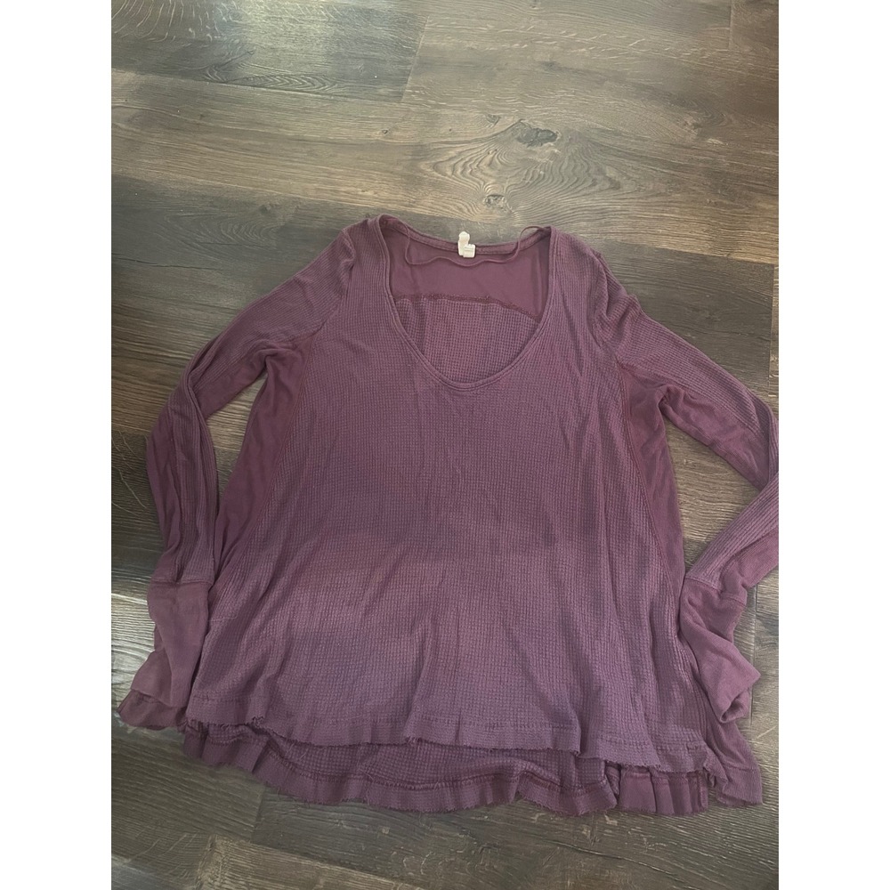 Free People We The Free Plum Purple Waffle Knit Thermal V-Neck Top Womens Medium